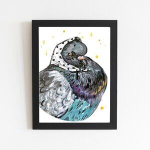 Pigeon Babushka Art Print, Watercolor Bird Illustration Drawing